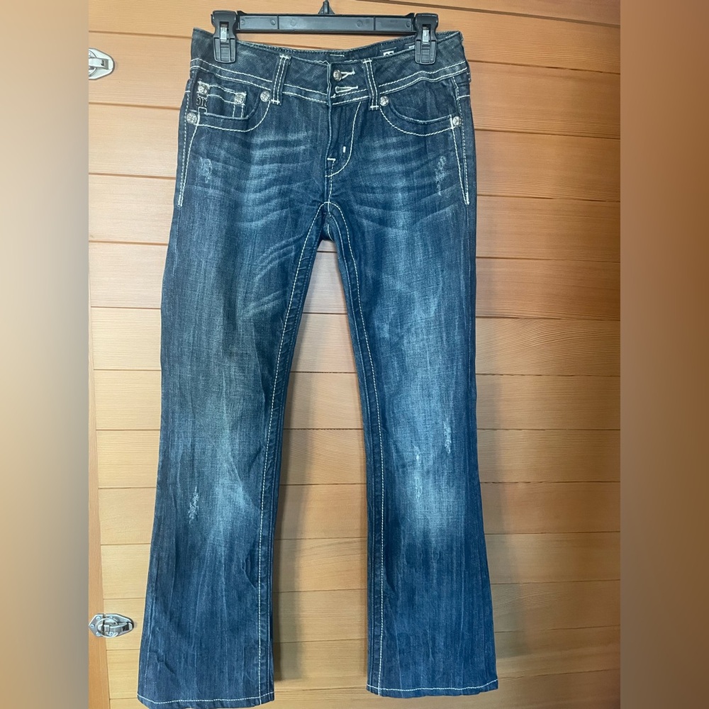 Miss Me Jeans Blue Distressed Boot Cut Low Rise JP5082-3 Angel Wing Womens Sz 27